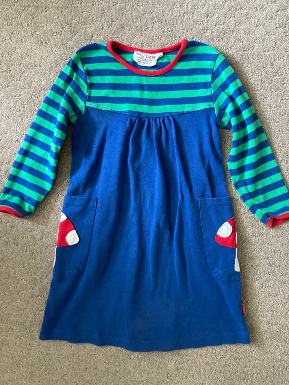 TOBY TIGER blue mushroom pocket dress, Sz 4-5Y.